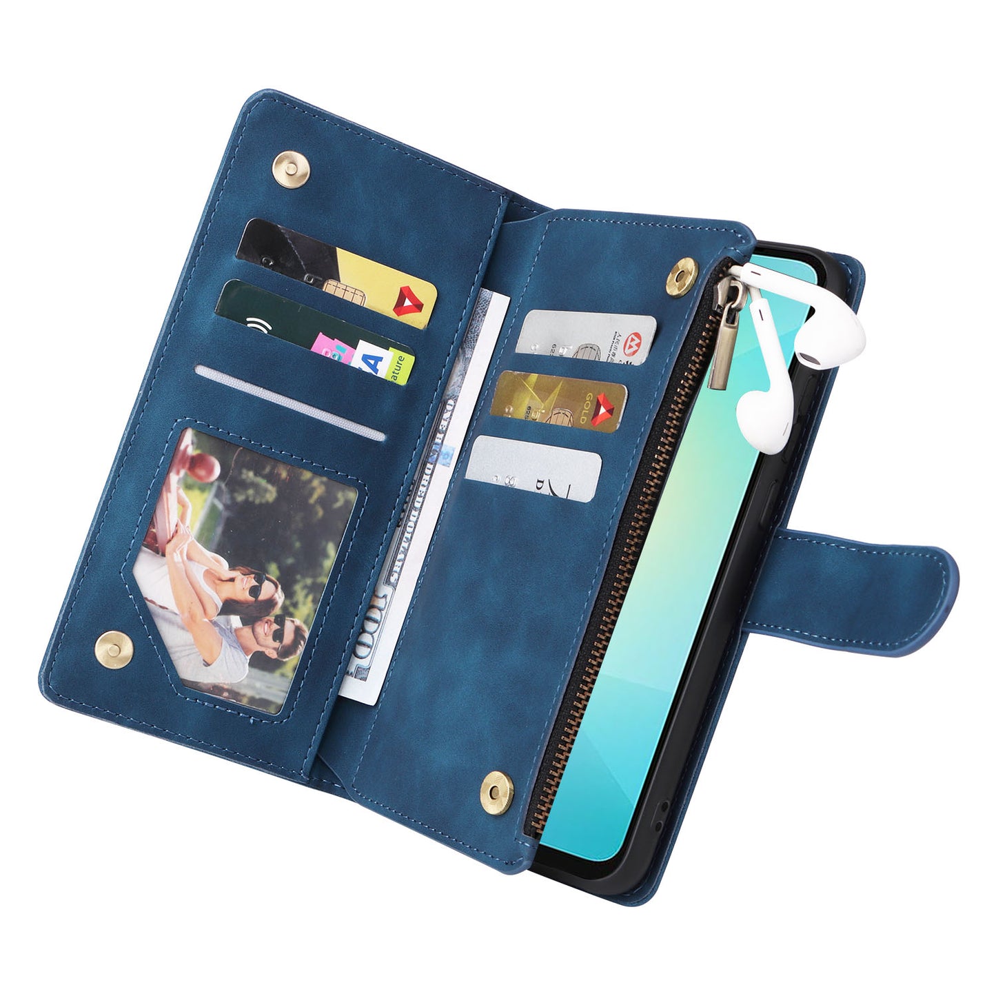 For Samsung Galaxy A06 Case Zipper Wallet Multiple Card Slots Leather Phone Cover - Blue