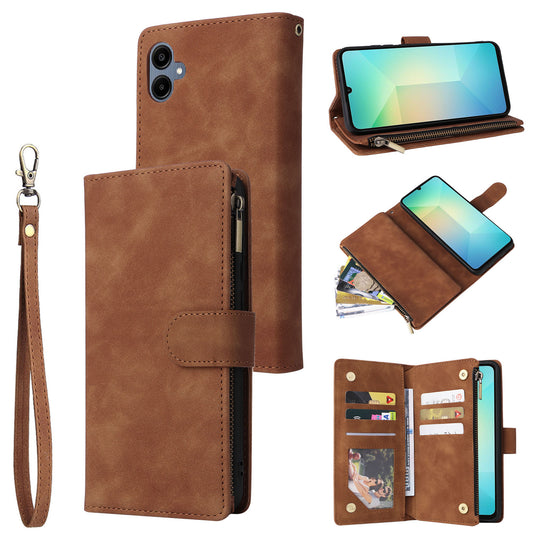 For Samsung Galaxy A06 Case Zipper Wallet Multiple Card Slots Leather Phone Cover - Brown