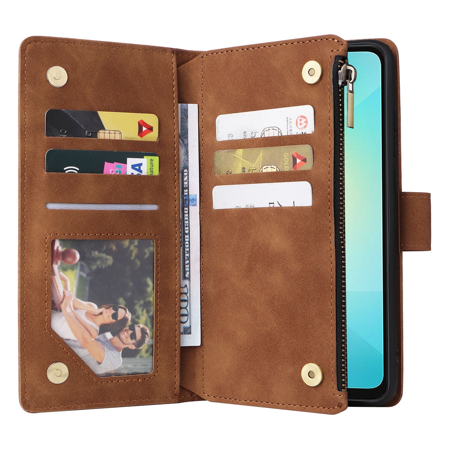 For Samsung Galaxy A06 Case Zipper Wallet Multiple Card Slots Leather Phone Cover - Brown