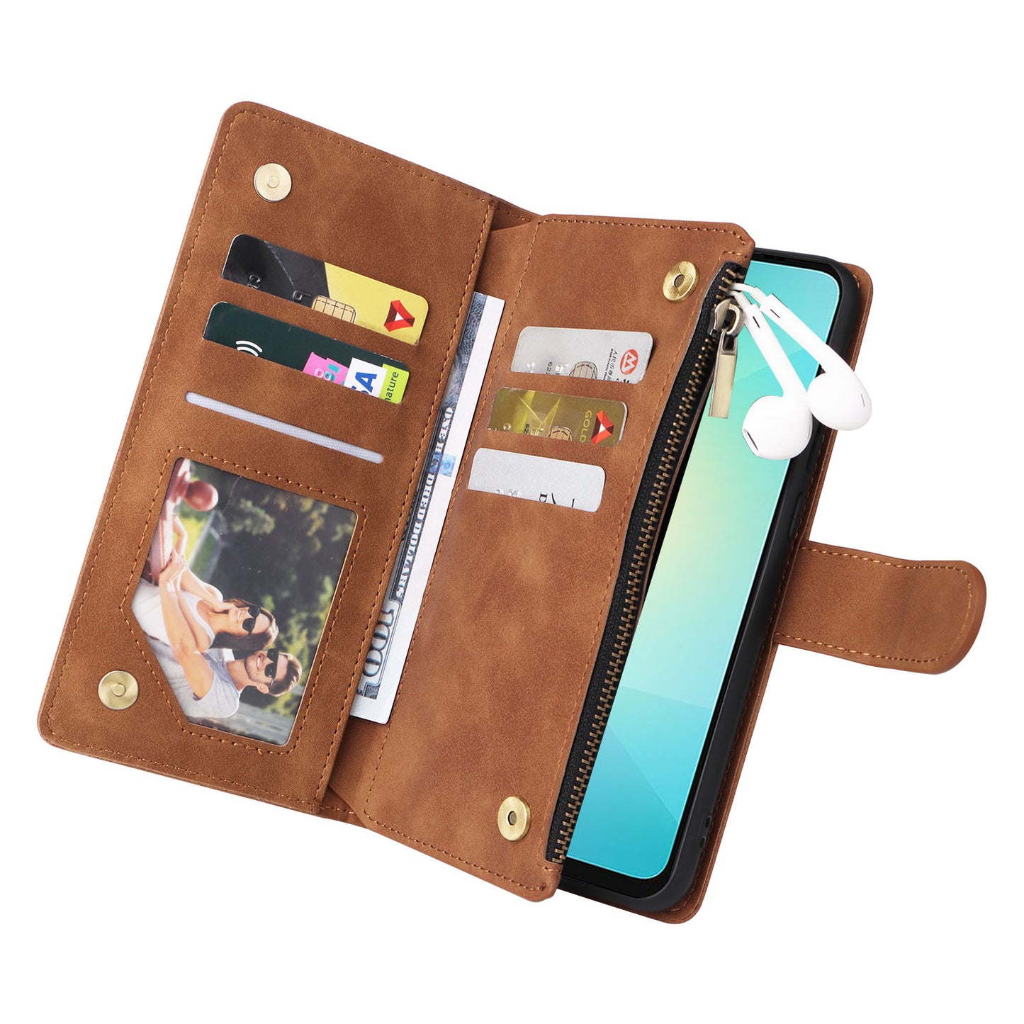 For Samsung Galaxy A06 Case Zipper Wallet Multiple Card Slots Leather Phone Cover - Brown
