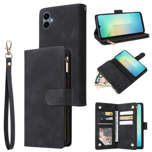 For Samsung Galaxy A06 Case Zipper Wallet Multiple Card Slots Leather Phone Cover - Black