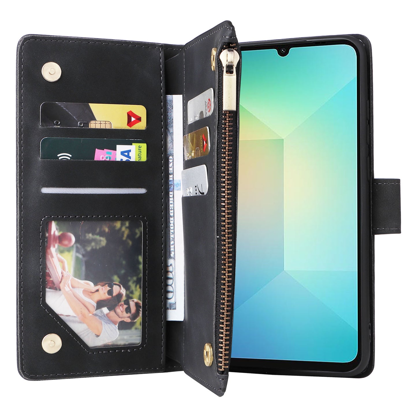 For Samsung Galaxy A06 Case Zipper Wallet Multiple Card Slots Leather Phone Cover - Black