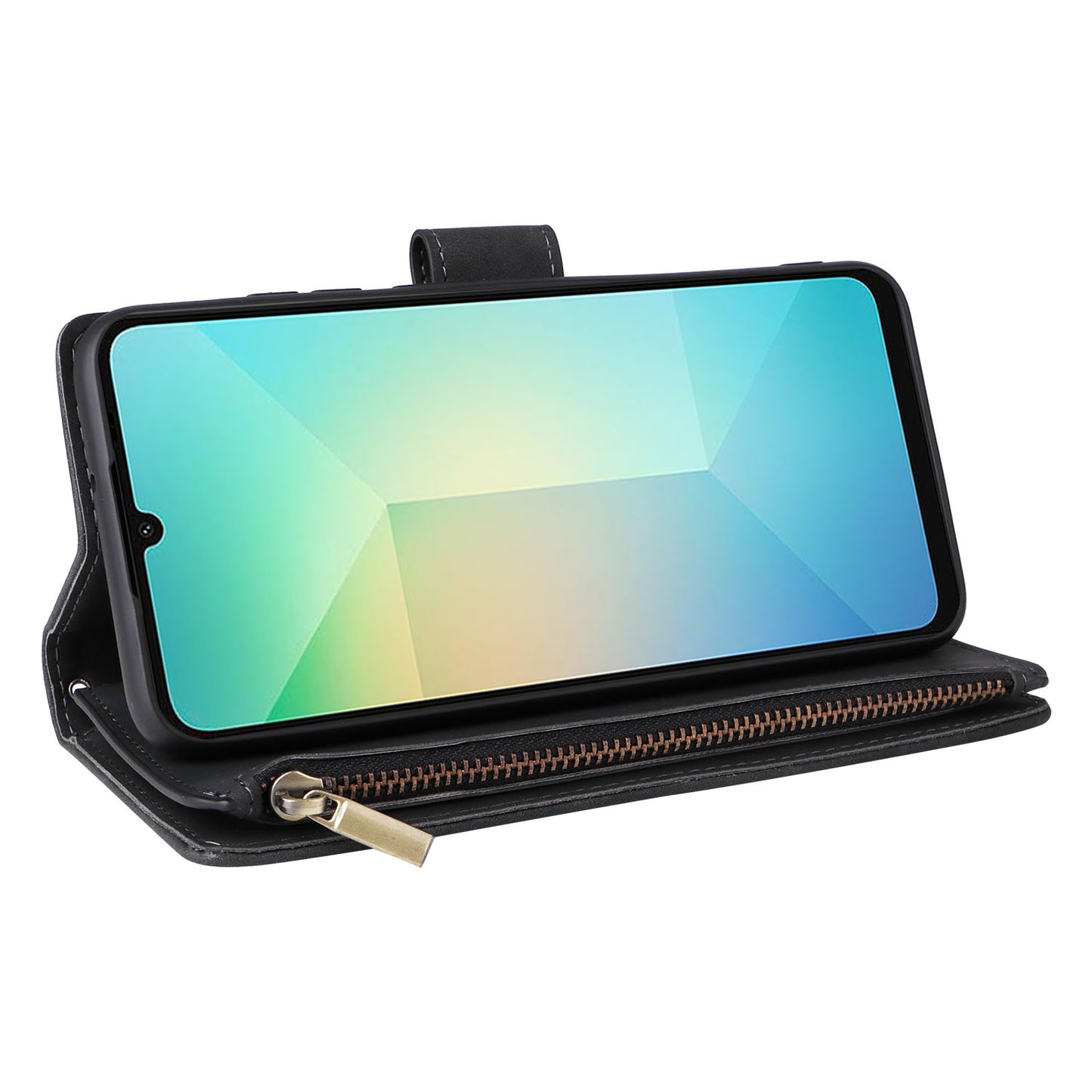 For Samsung Galaxy A06 Case Zipper Wallet Multiple Card Slots Leather Phone Cover - Black