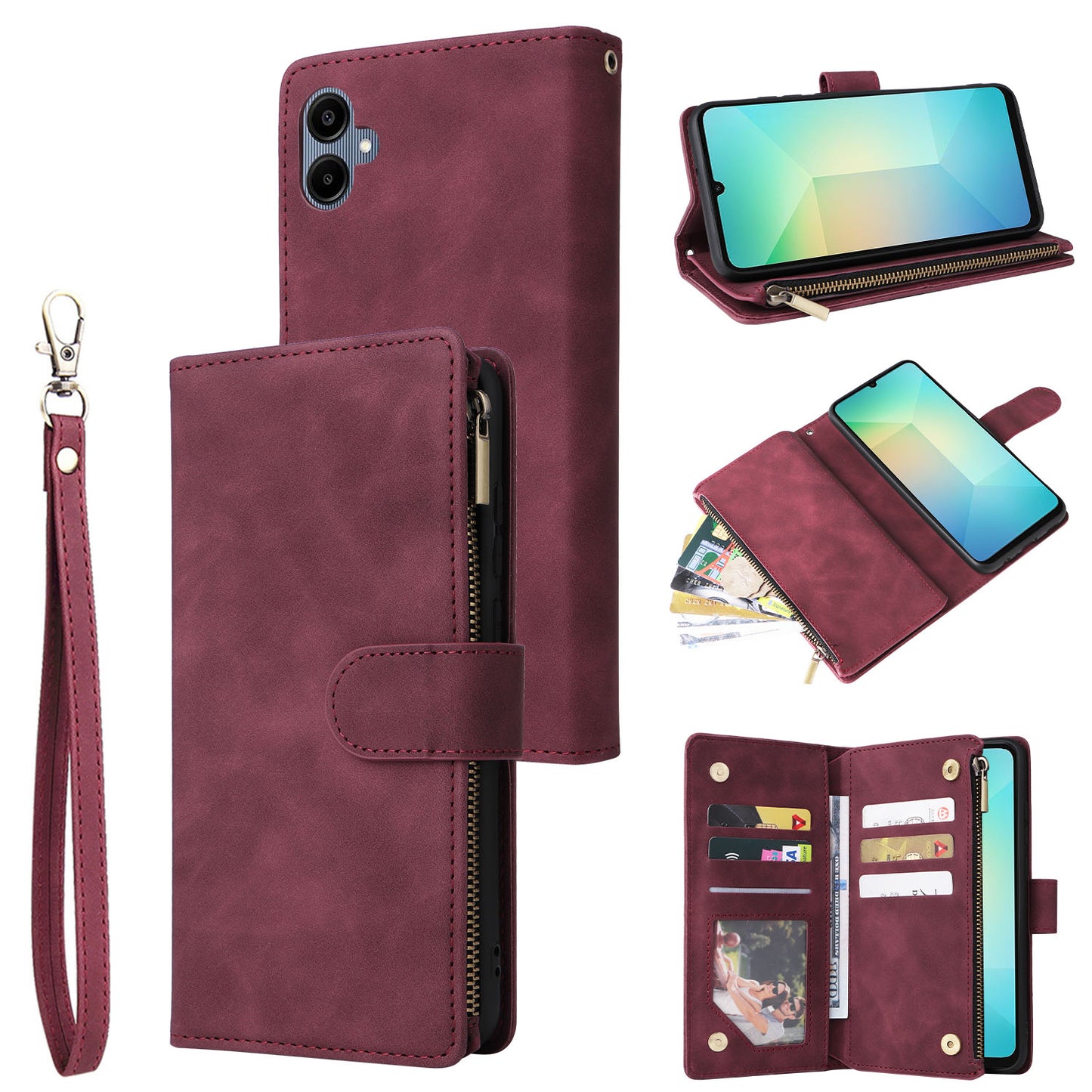 For Samsung Galaxy A06 Case Zipper Wallet Multiple Card Slots Leather Phone Cover - Wine Red