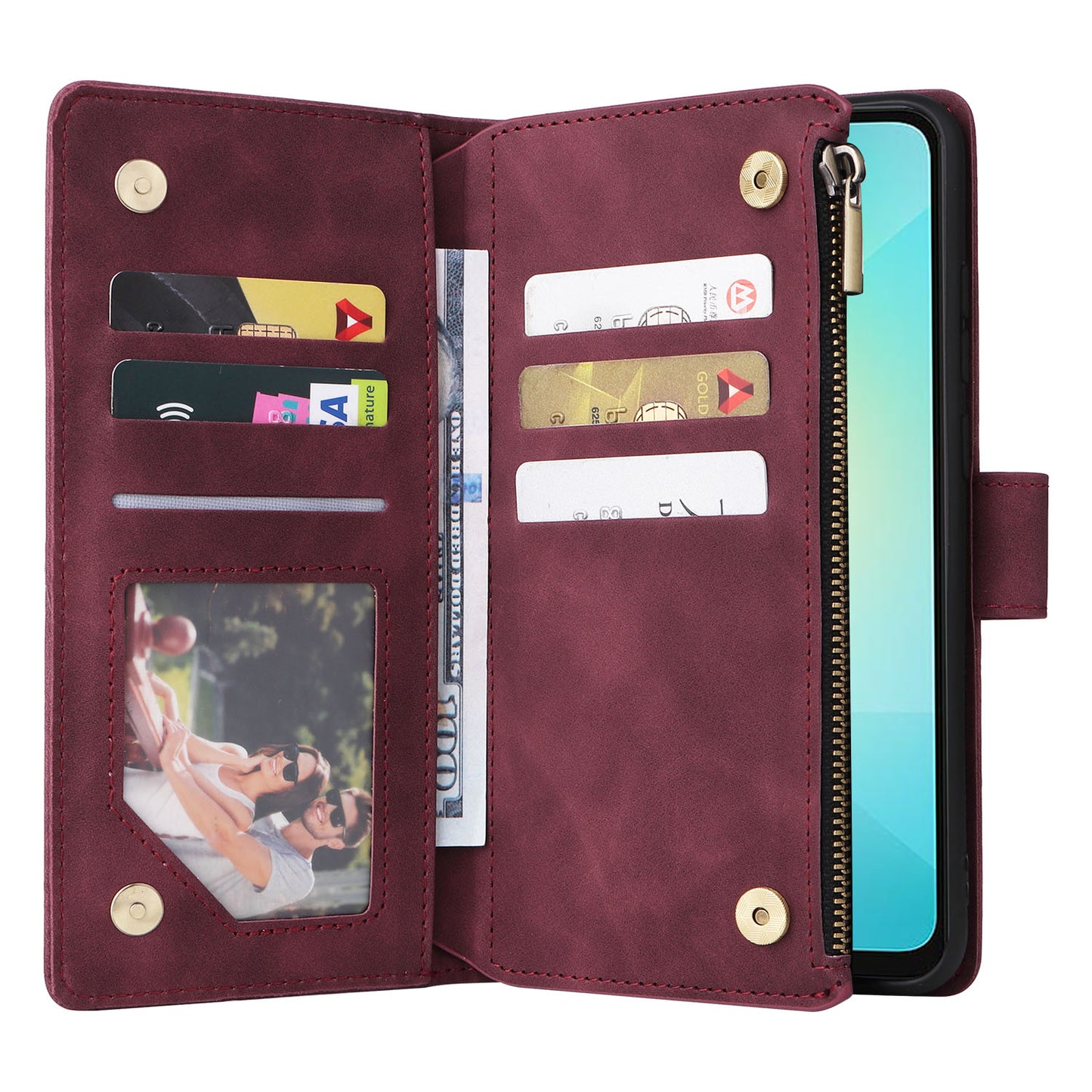 For Samsung Galaxy A06 Case Zipper Wallet Multiple Card Slots Leather Phone Cover - Wine Red