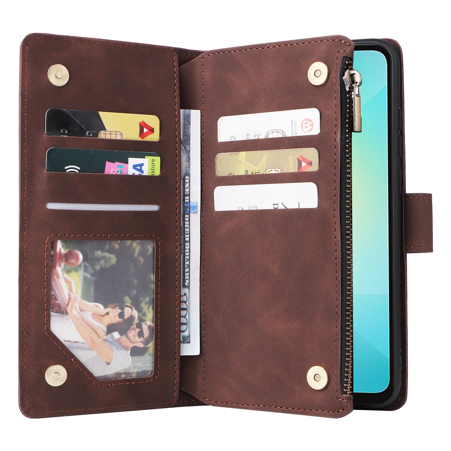 For Samsung Galaxy A06 Case Zipper Wallet Multiple Card Slots Leather Phone Cover - Coffee