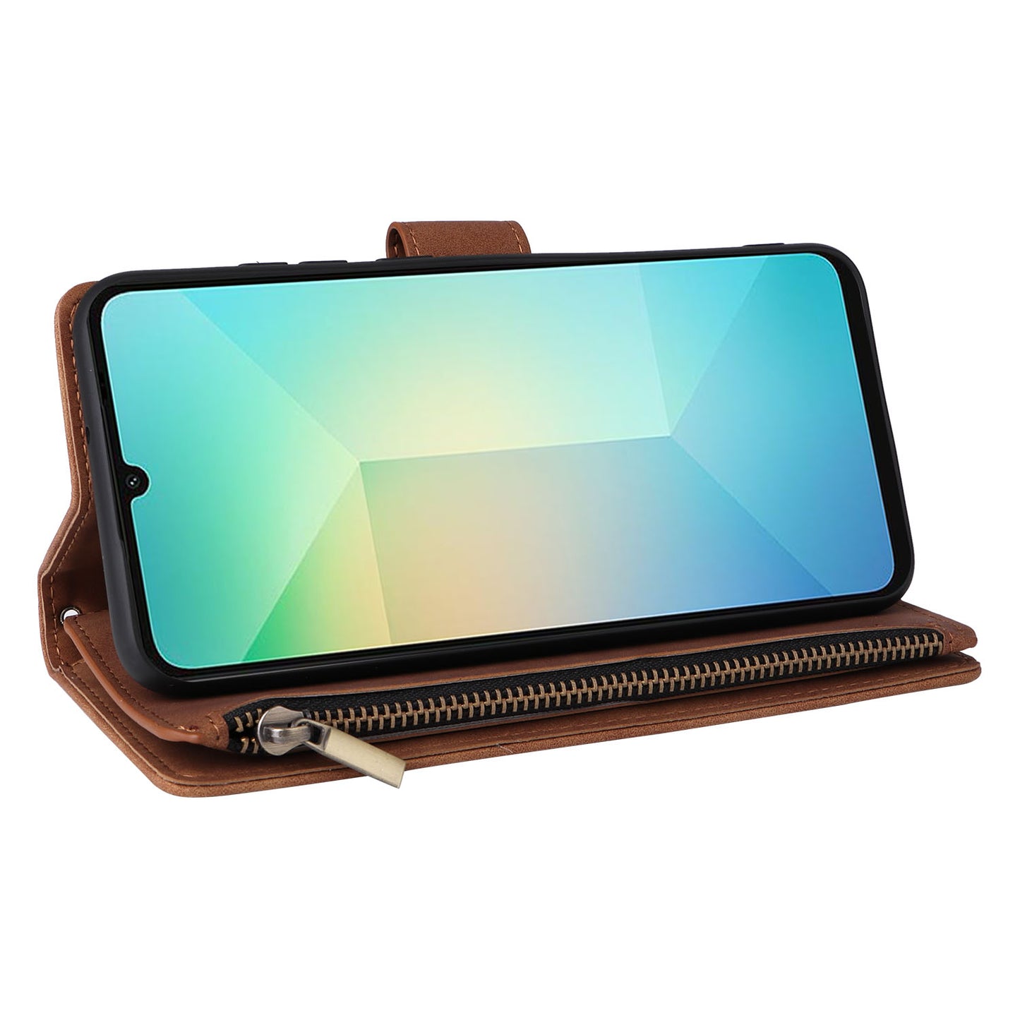 For Samsung Galaxy A06 Case Zipper Wallet Multiple Card Slots Leather Phone Cover - Coffee