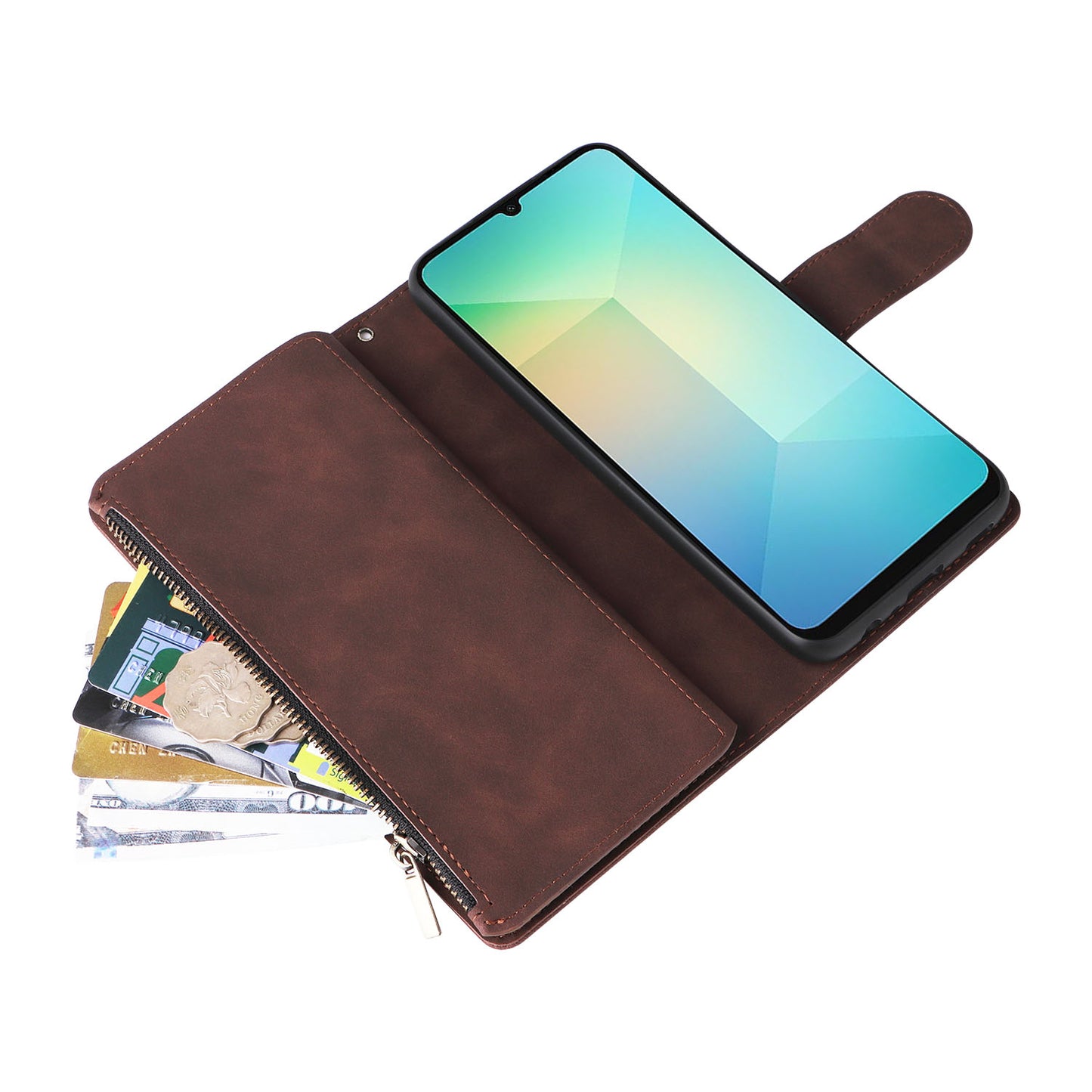 For Samsung Galaxy A06 Case Zipper Wallet Multiple Card Slots Leather Phone Cover - Coffee