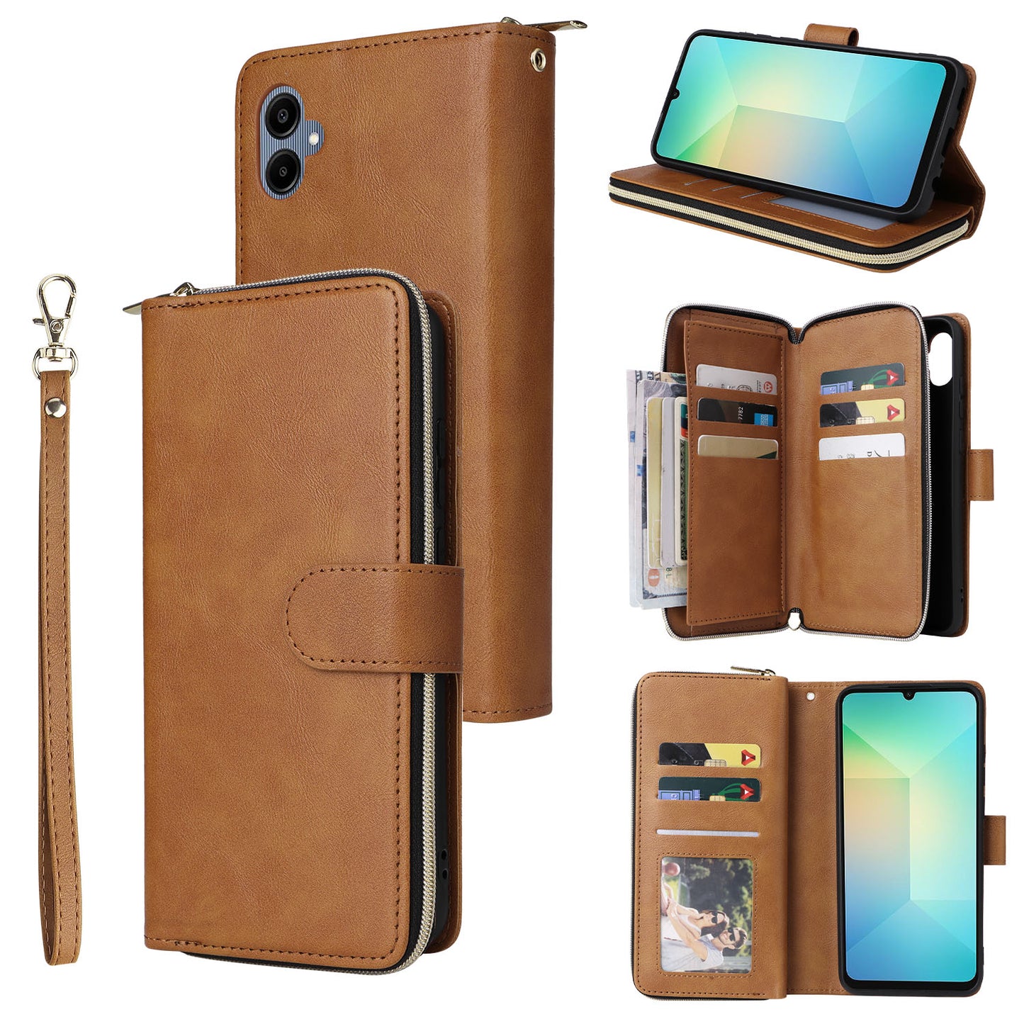 For Samsung Galaxy A06 Case Zipper Pocket PU Leather Phone Cover with Hand Strap - Brown