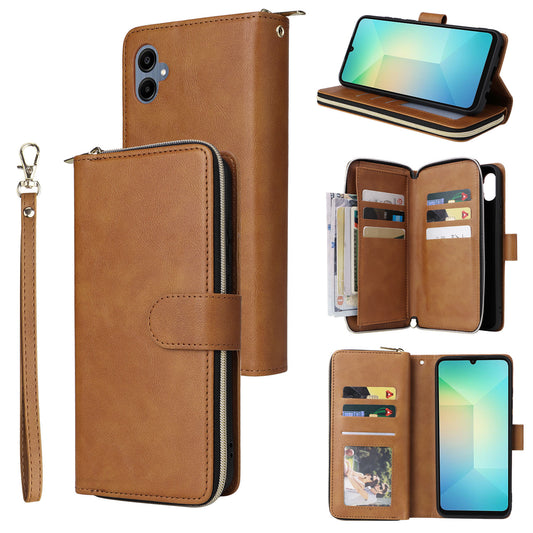 For Samsung Galaxy A06 Case Zipper Pocket PU Leather Phone Cover with Hand Strap - Brown