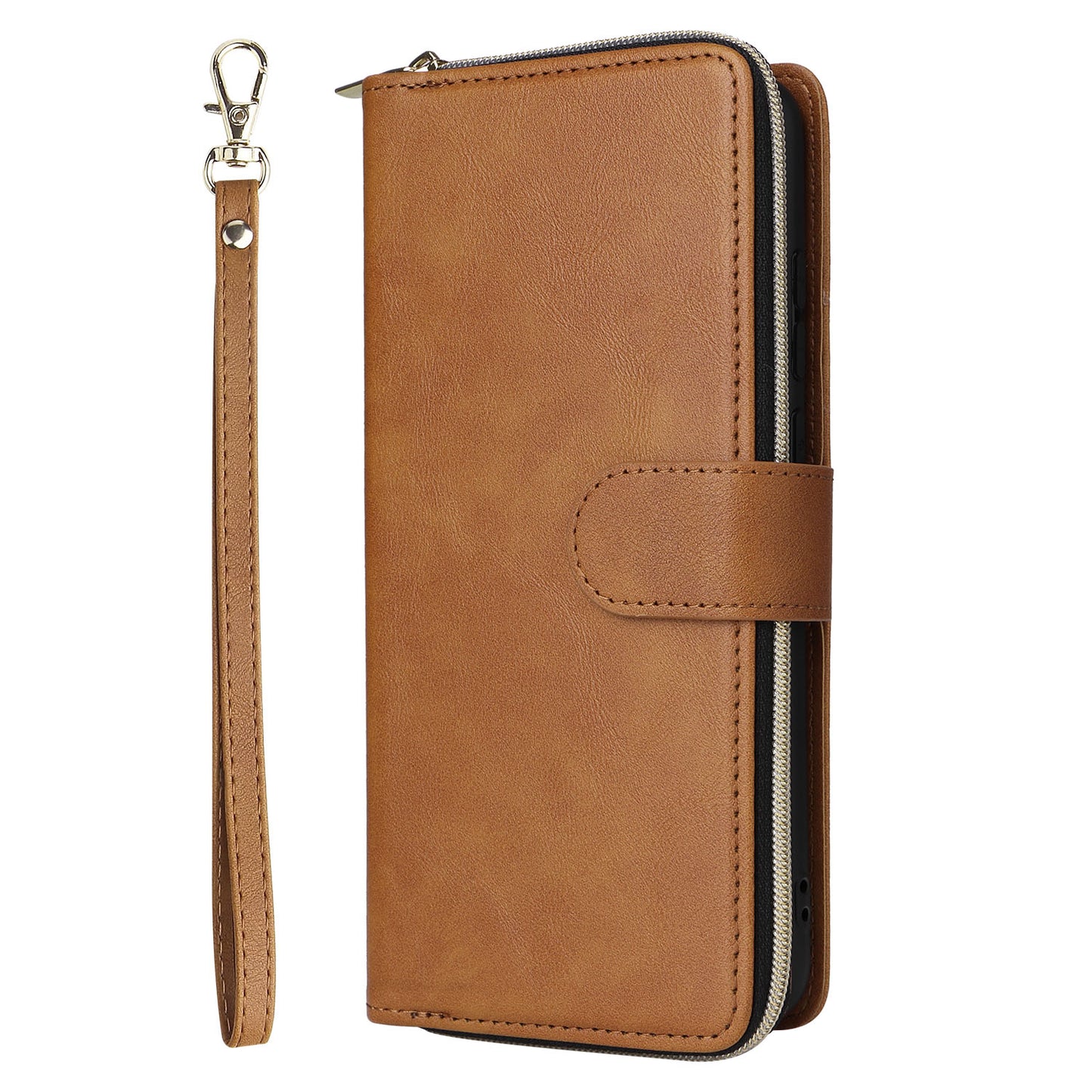 For Samsung Galaxy A06 Case Zipper Pocket PU Leather Phone Cover with Hand Strap - Brown