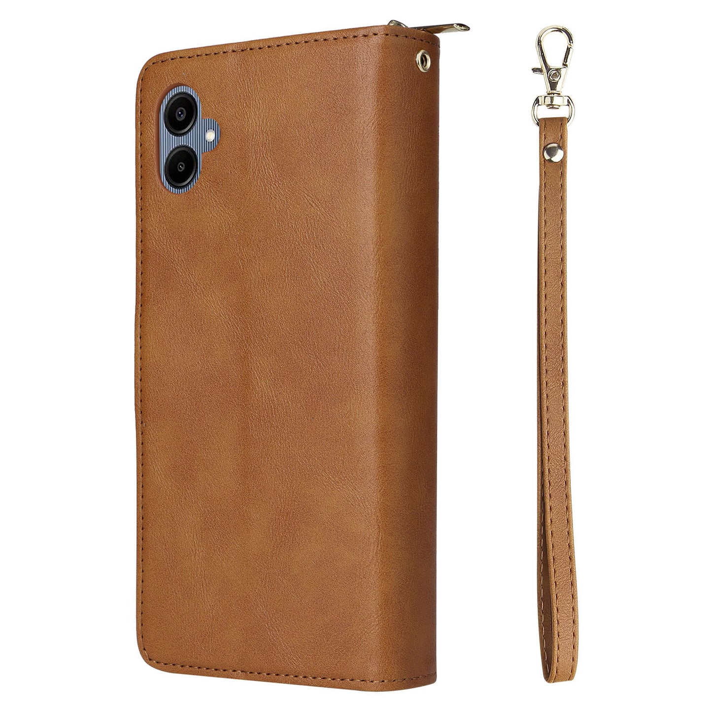 For Samsung Galaxy A06 Case Zipper Pocket PU Leather Phone Cover with Hand Strap - Brown