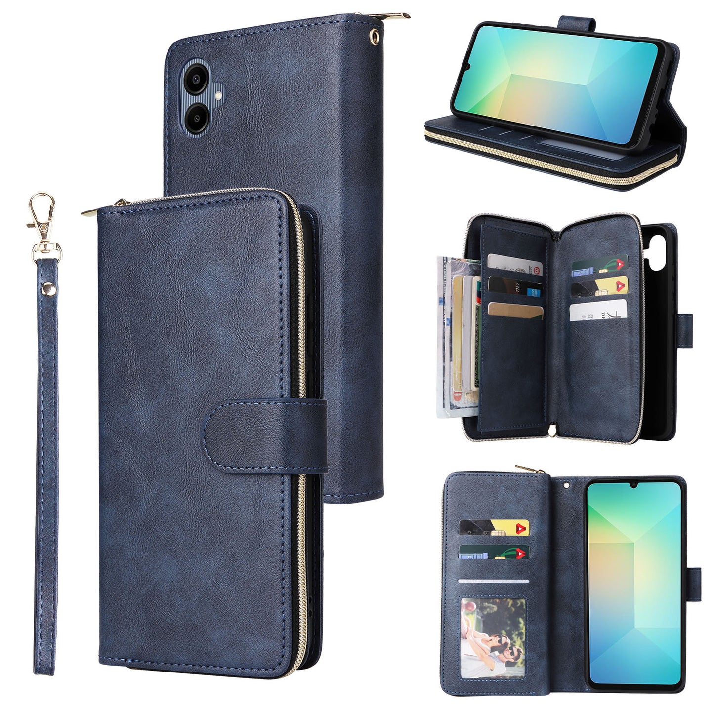 For Samsung Galaxy A06 Case Zipper Pocket PU Leather Phone Cover with Hand Strap - Blue