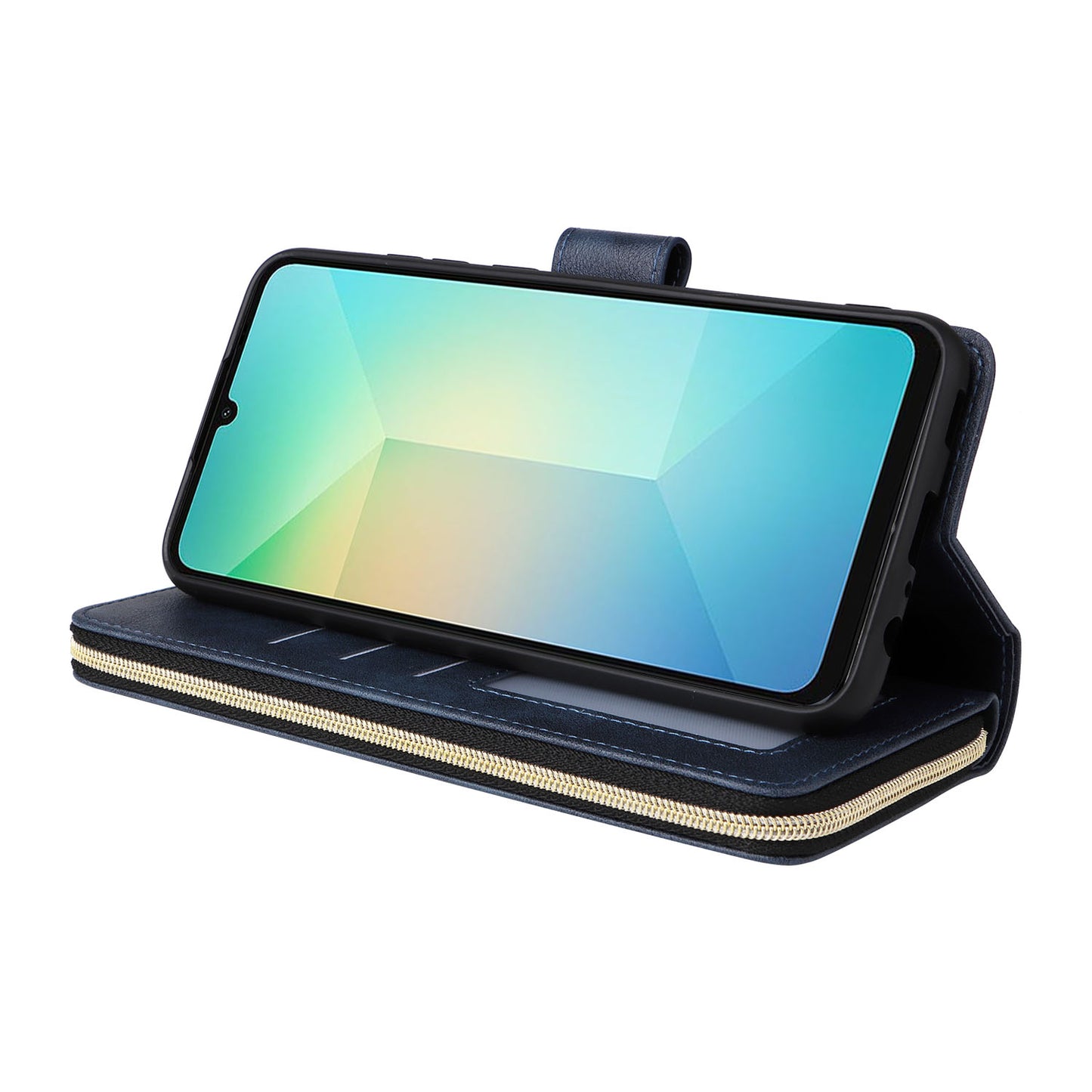 For Samsung Galaxy A06 Case Zipper Pocket PU Leather Phone Cover with Hand Strap - Blue