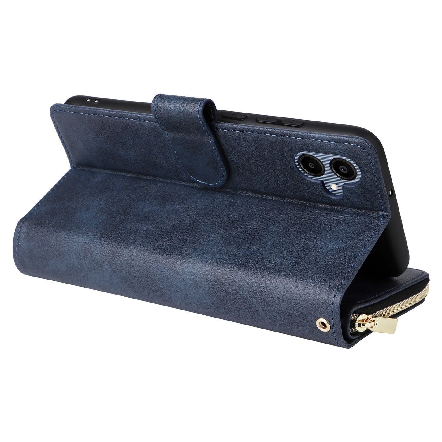 For Samsung Galaxy A06 Case Zipper Pocket PU Leather Phone Cover with Hand Strap - Blue