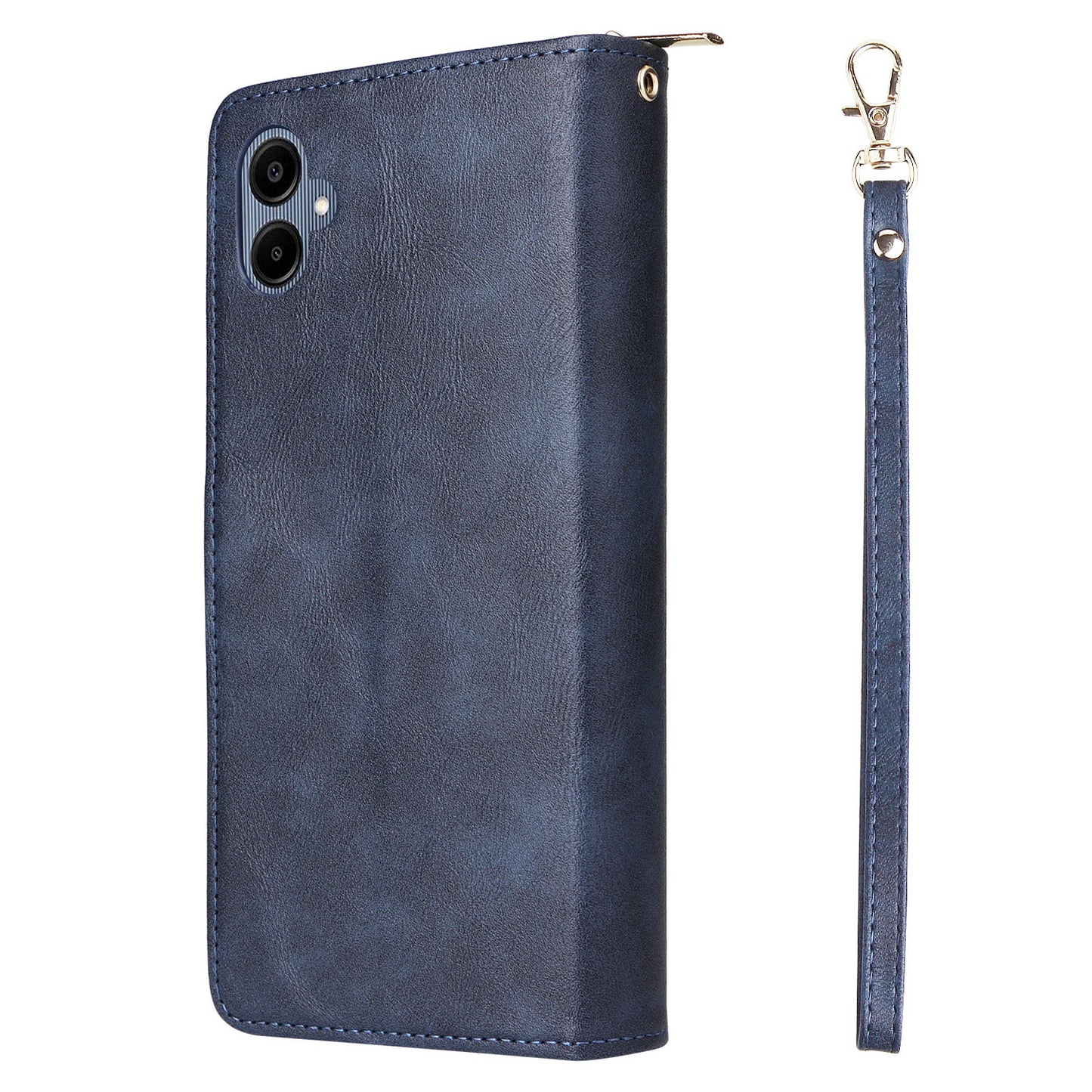 For Samsung Galaxy A06 Case Zipper Pocket PU Leather Phone Cover with Hand Strap - Blue