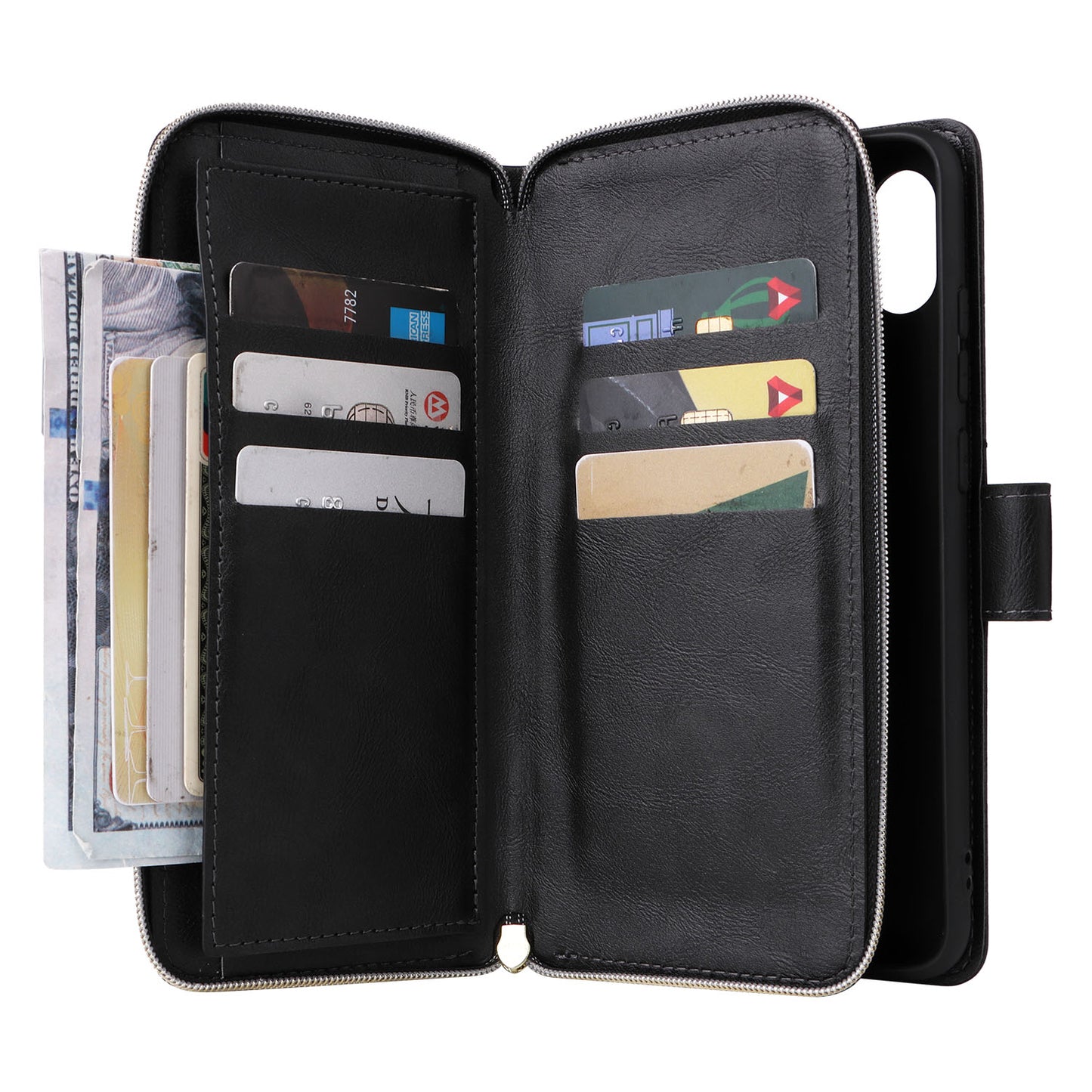 For Samsung Galaxy A06 Case Zipper Pocket PU Leather Phone Cover with Hand Strap - Black