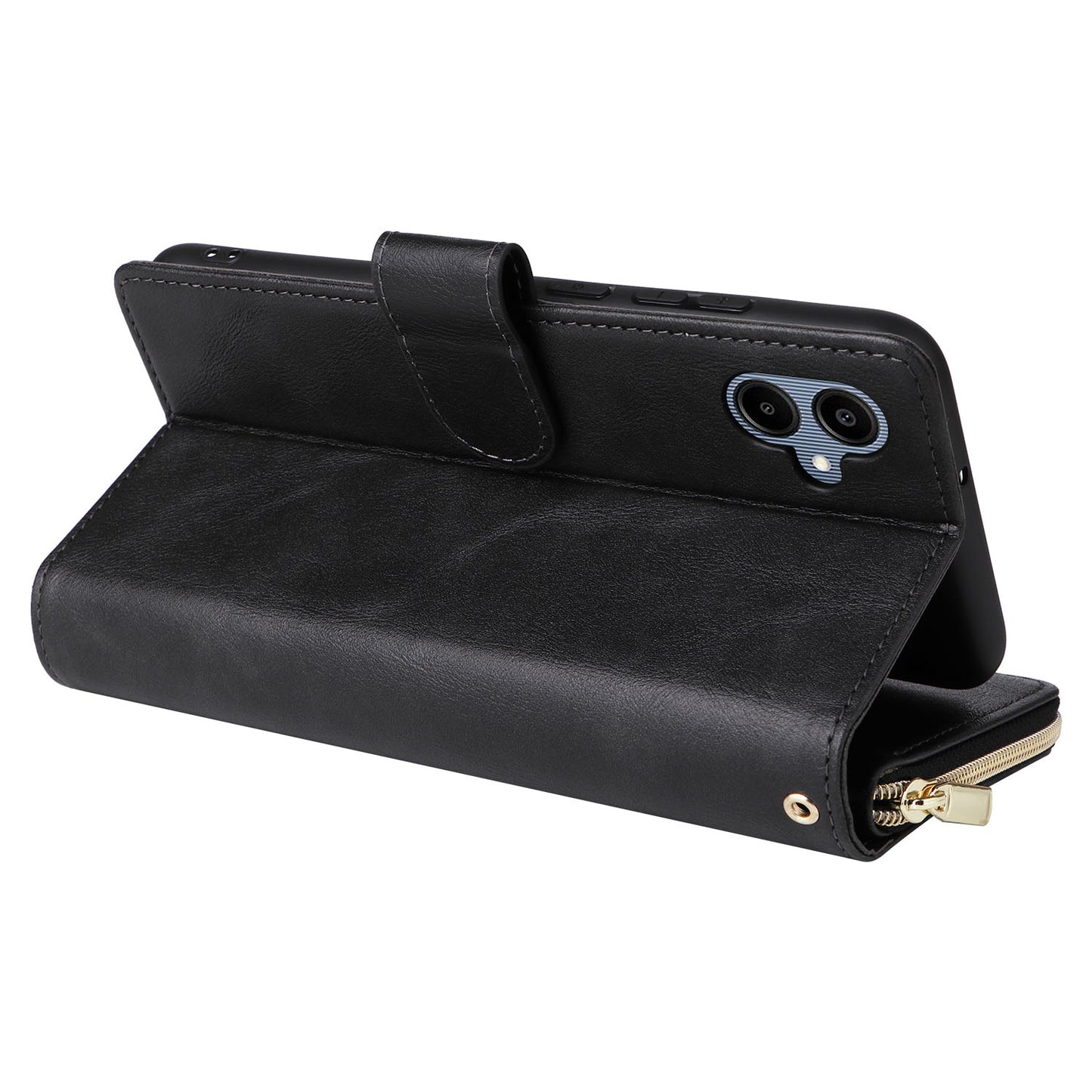 For Samsung Galaxy A06 Case Zipper Pocket PU Leather Phone Cover with Hand Strap - Black