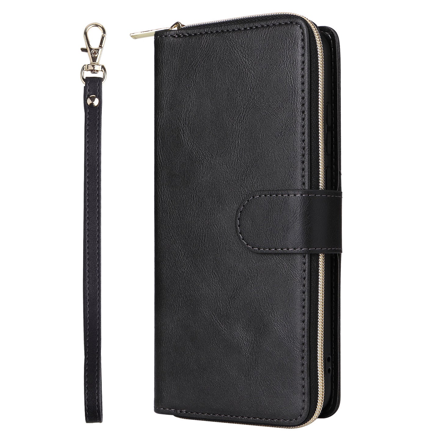 For Samsung Galaxy A06 Case Zipper Pocket PU Leather Phone Cover with Hand Strap - Black