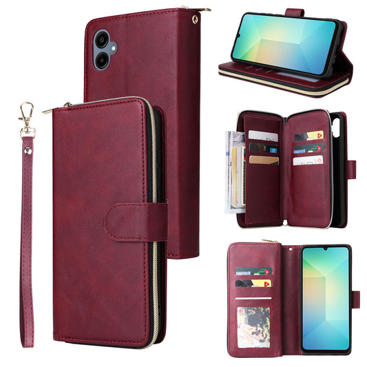 For Samsung Galaxy A06 Case Zipper Pocket PU Leather Phone Cover with Hand Strap - Wine Red