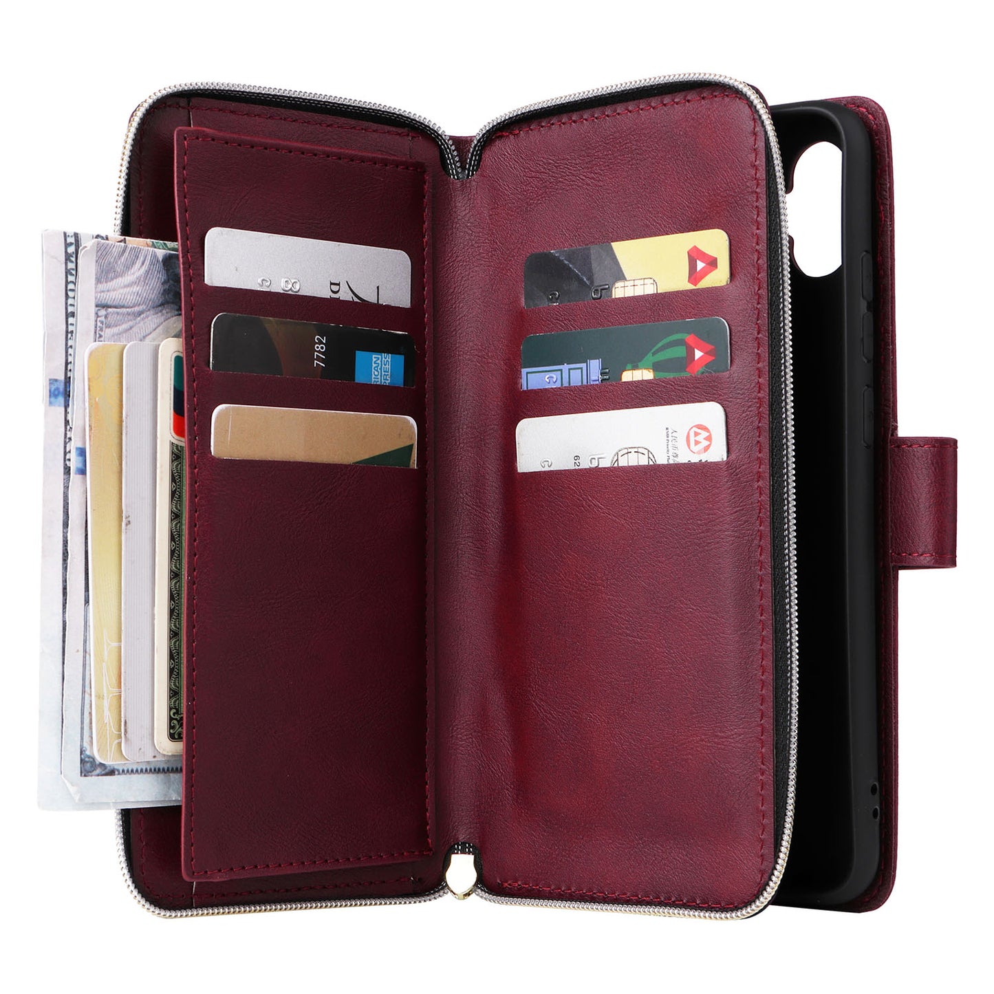 For Samsung Galaxy A06 Case Zipper Pocket PU Leather Phone Cover with Hand Strap - Wine Red