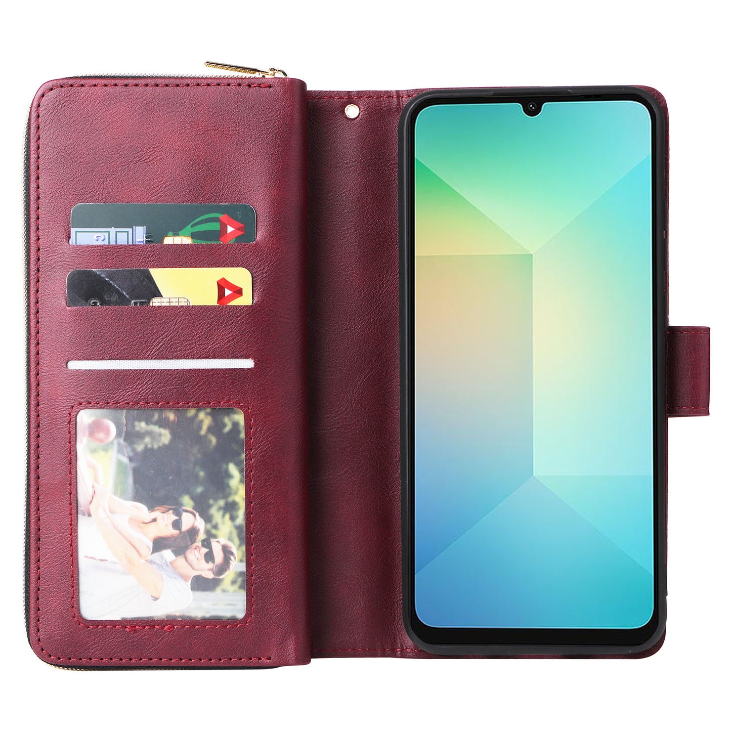 For Samsung Galaxy A06 Case Zipper Pocket PU Leather Phone Cover with Hand Strap - Wine Red