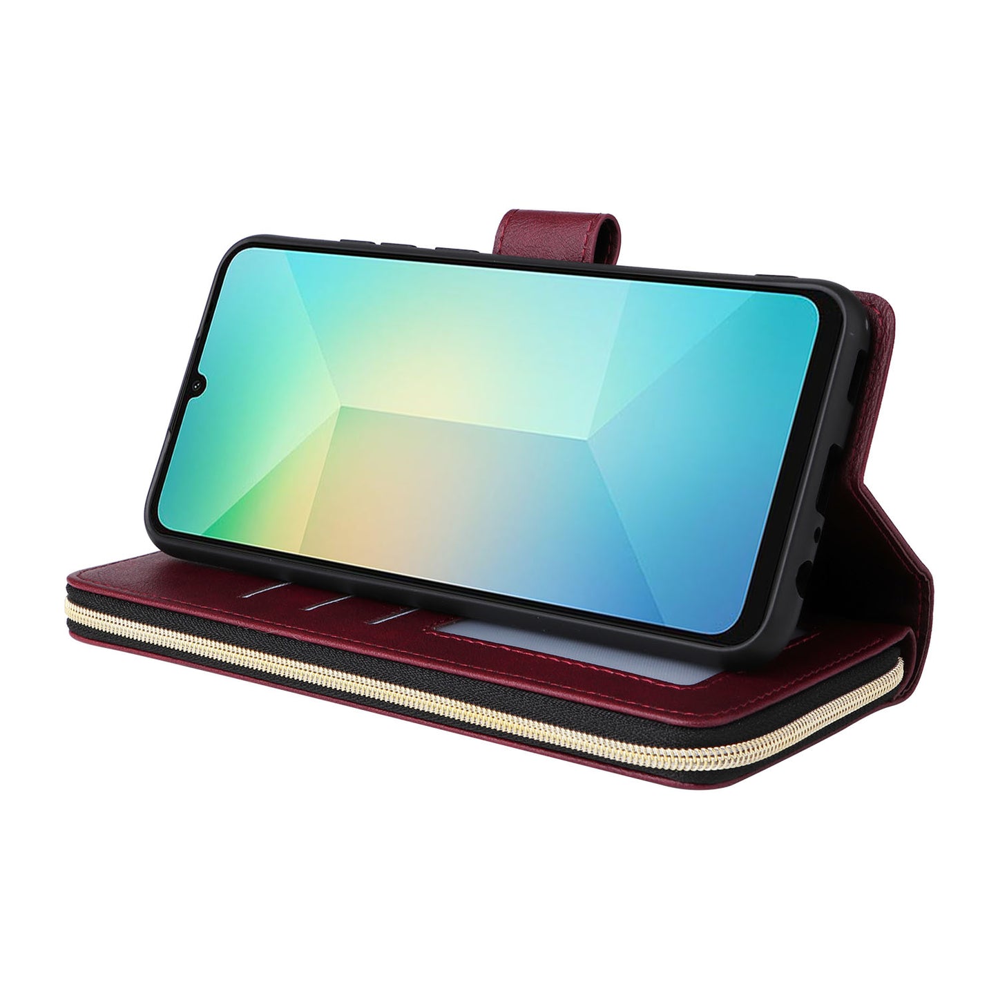 For Samsung Galaxy A06 Case Zipper Pocket PU Leather Phone Cover with Hand Strap - Wine Red