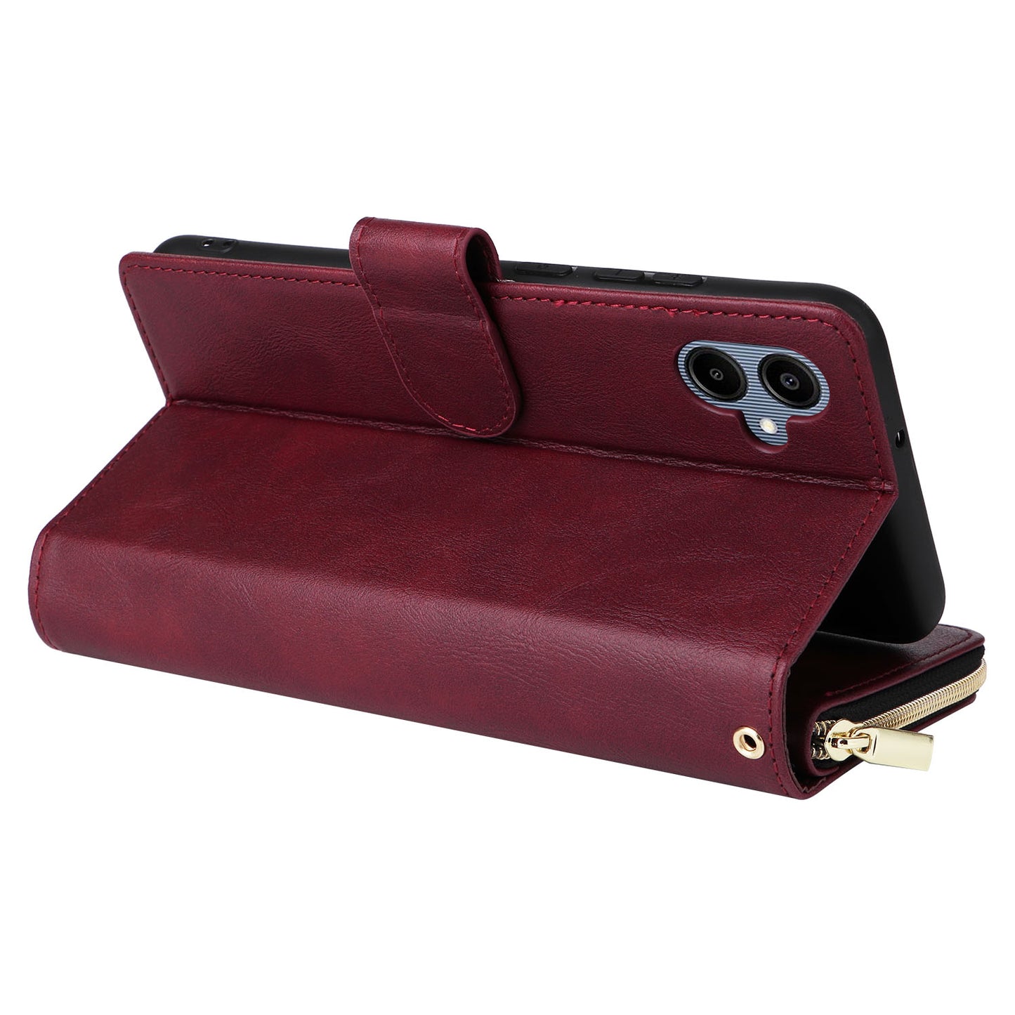 For Samsung Galaxy A06 Case Zipper Pocket PU Leather Phone Cover with Hand Strap - Wine Red