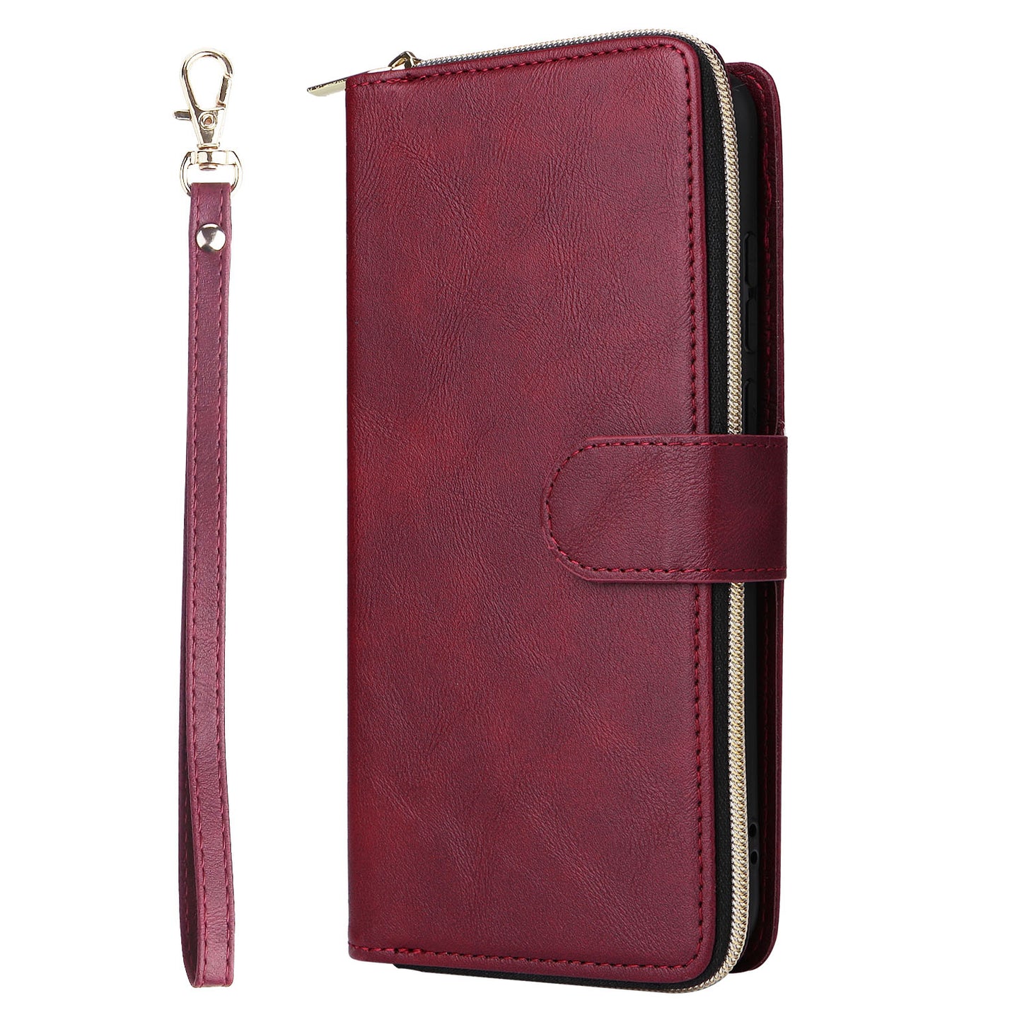 For Samsung Galaxy A06 Case Zipper Pocket PU Leather Phone Cover with Hand Strap - Wine Red