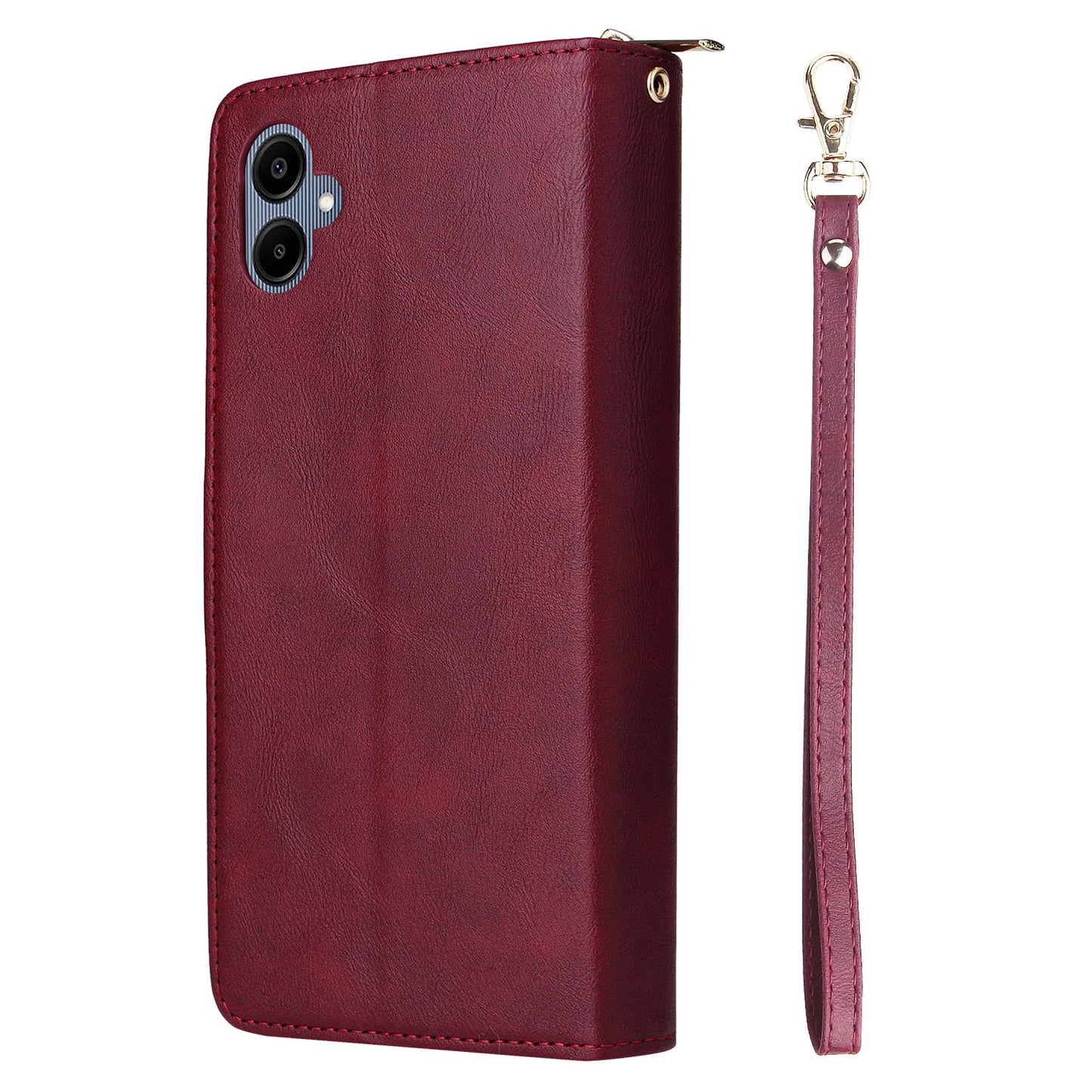 For Samsung Galaxy A06 Case Zipper Pocket PU Leather Phone Cover with Hand Strap - Wine Red