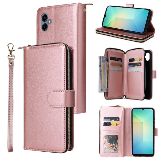 For Samsung Galaxy A06 Case Zipper Pocket PU Leather Phone Cover with Hand Strap - Rose Gold