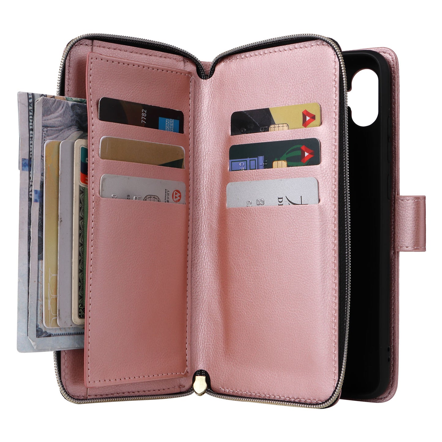 For Samsung Galaxy A06 Case Zipper Pocket PU Leather Phone Cover with Hand Strap - Rose Gold