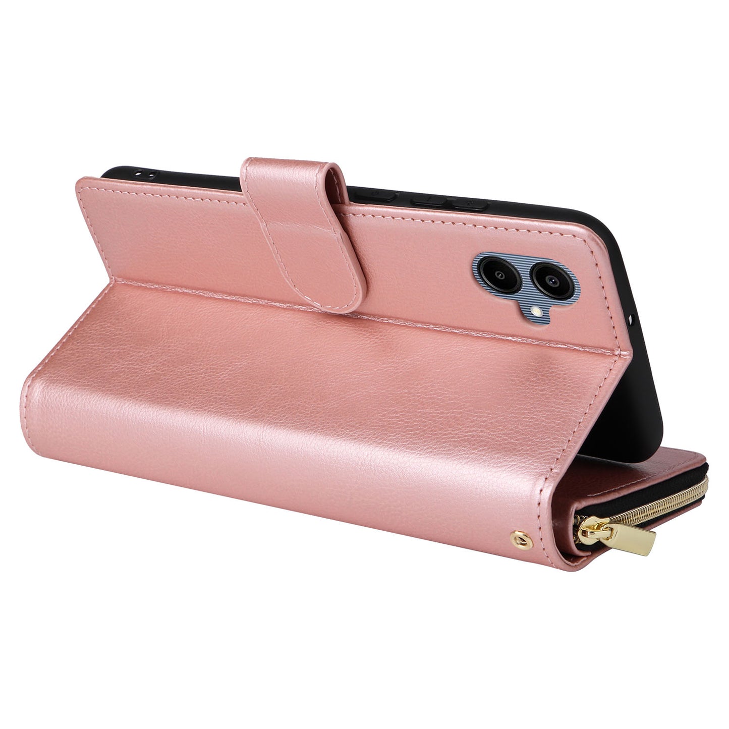 For Samsung Galaxy A06 Case Zipper Pocket PU Leather Phone Cover with Hand Strap - Rose Gold