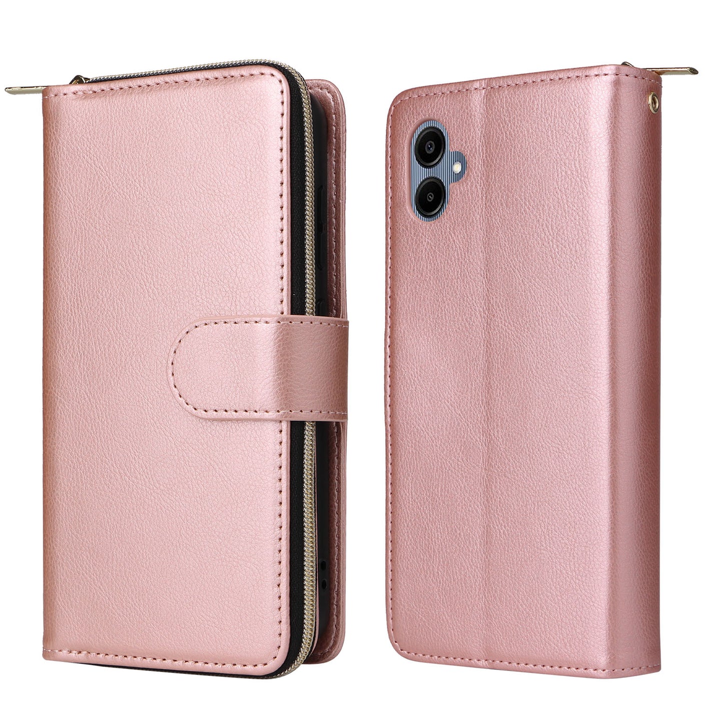 For Samsung Galaxy A06 Case Zipper Pocket PU Leather Phone Cover with Hand Strap - Rose Gold