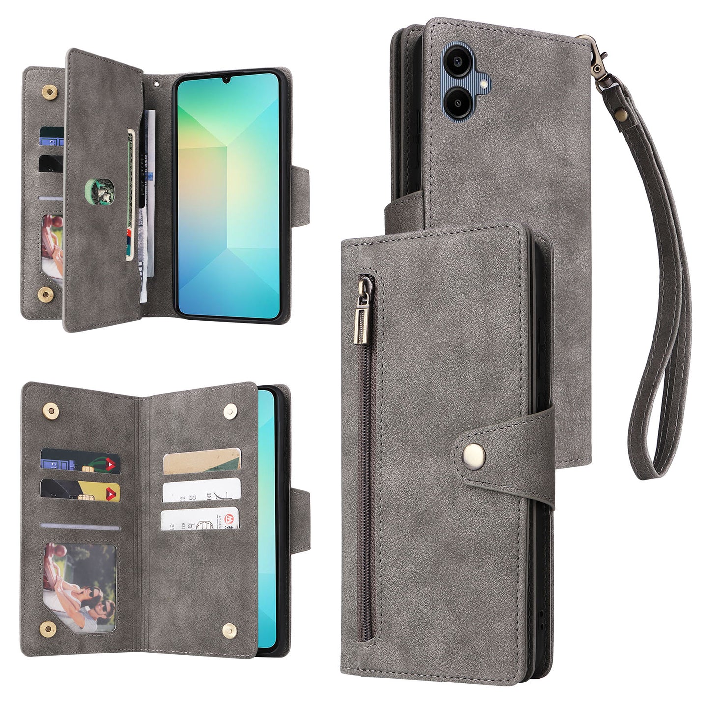 For Samsung Galaxy A06 Case Zipper Wallet Leather Stand Phone Cover Rivet Decor - Grey