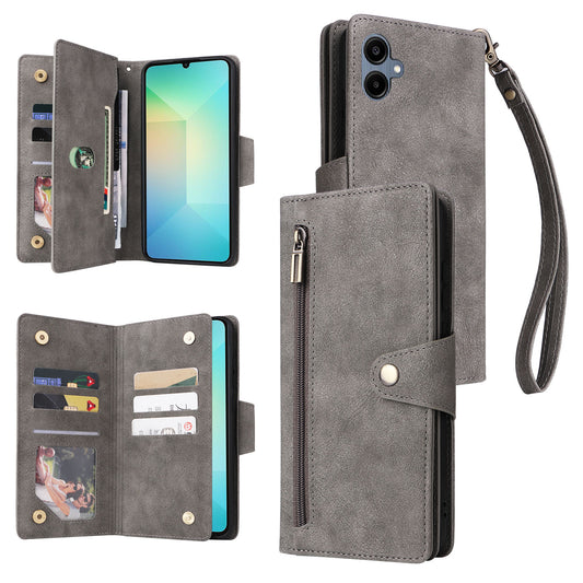 For Samsung Galaxy A06 Case Zipper Wallet Leather Stand Phone Cover Rivet Decor - Grey