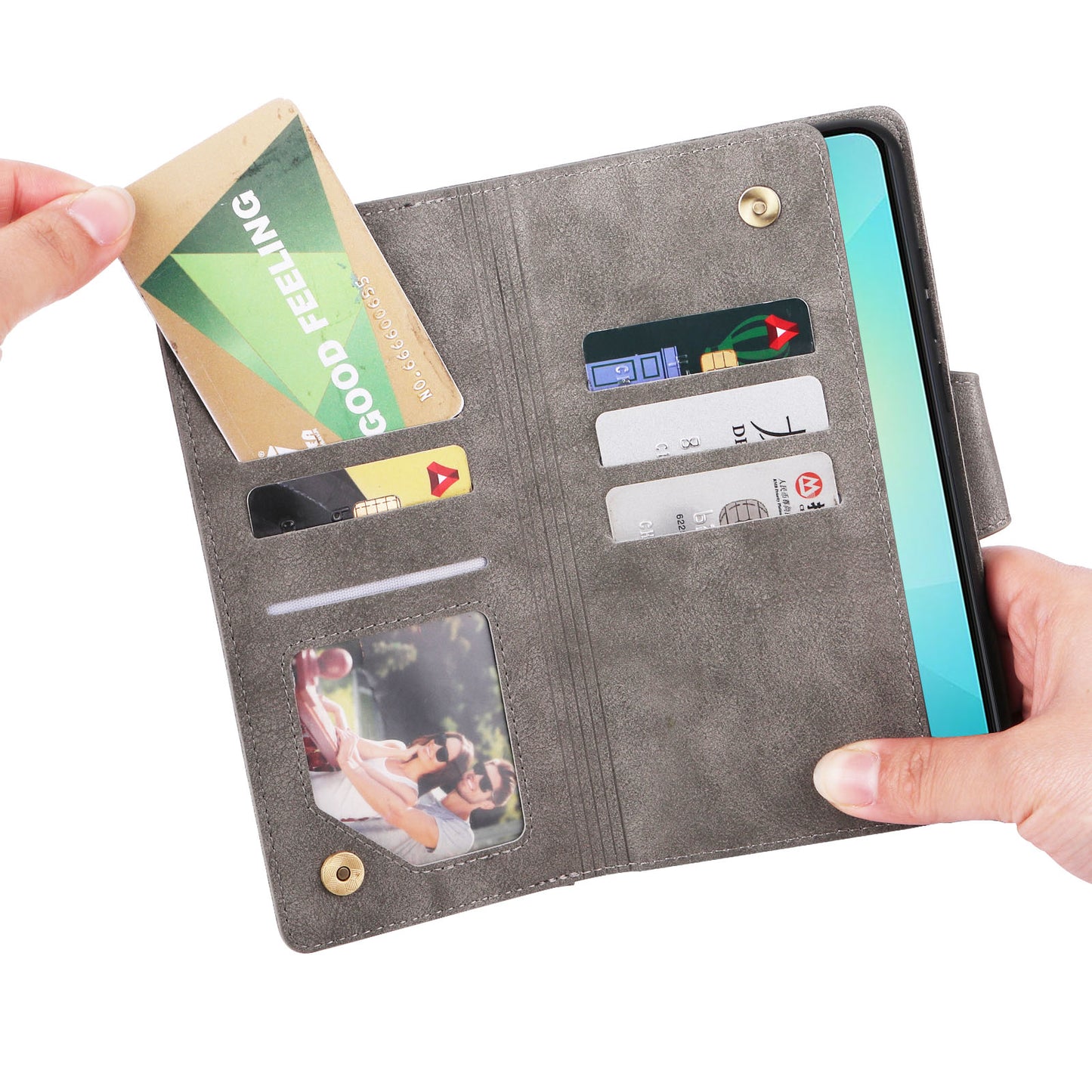 For Samsung Galaxy A06 Case Zipper Wallet Leather Stand Phone Cover Rivet Decor - Grey