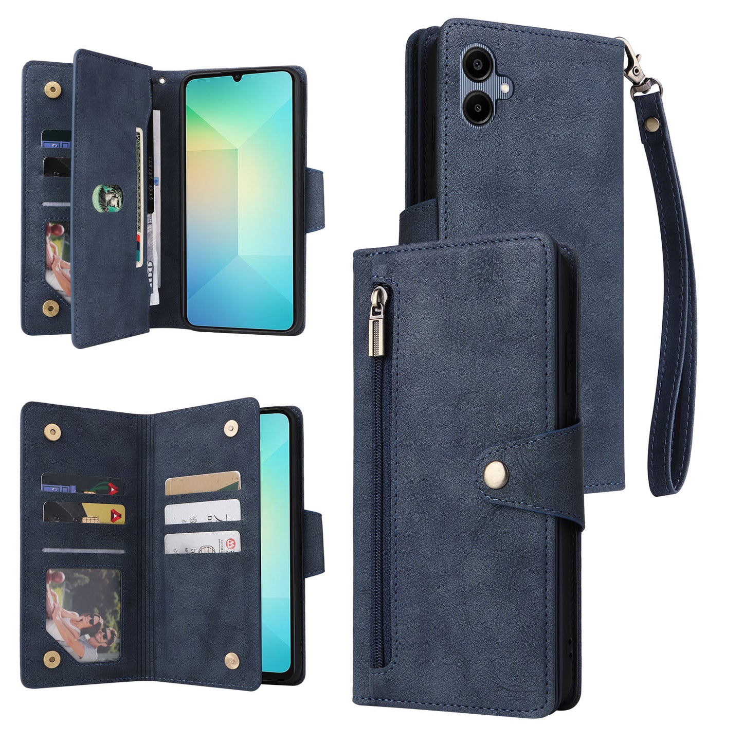 For Samsung Galaxy A06 Case Zipper Wallet Leather Stand Phone Cover Rivet Decor - Blue