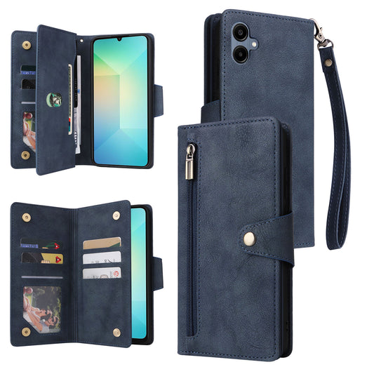 For Samsung Galaxy A06 Case Zipper Wallet Leather Stand Phone Cover Rivet Decor - Blue