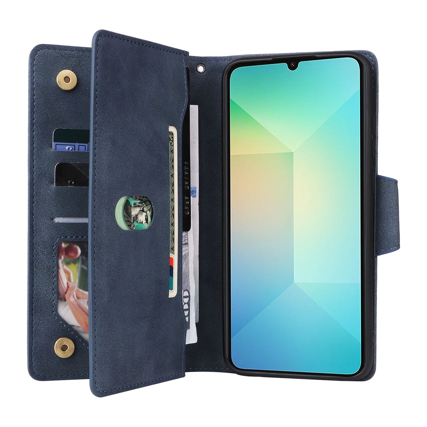 For Samsung Galaxy A06 Case Zipper Wallet Leather Stand Phone Cover Rivet Decor - Blue