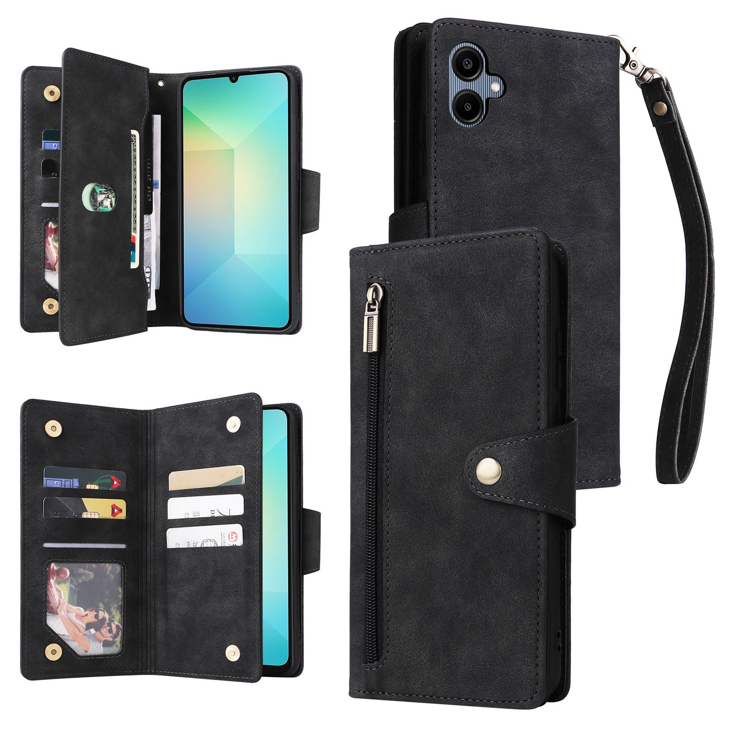 For Samsung Galaxy A06 Case Zipper Wallet Leather Stand Phone Cover Rivet Decor - Black