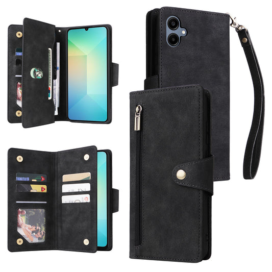 For Samsung Galaxy A06 Case Zipper Wallet Leather Stand Phone Cover Rivet Decor - Black