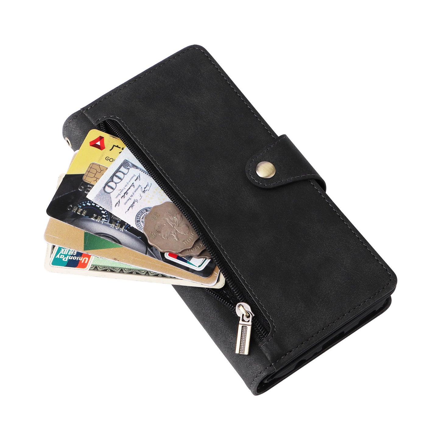 For Samsung Galaxy A06 Case Zipper Wallet Leather Stand Phone Cover Rivet Decor - Black
