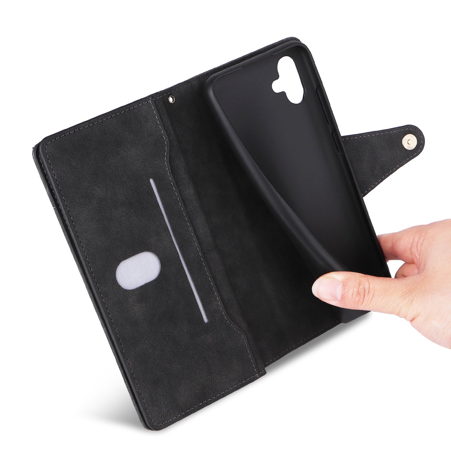 For Samsung Galaxy A06 Case Zipper Wallet Leather Stand Phone Cover Rivet Decor - Black