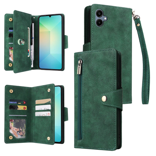 For Samsung Galaxy A06 Case Zipper Wallet Leather Stand Phone Cover Rivet Decor - Green