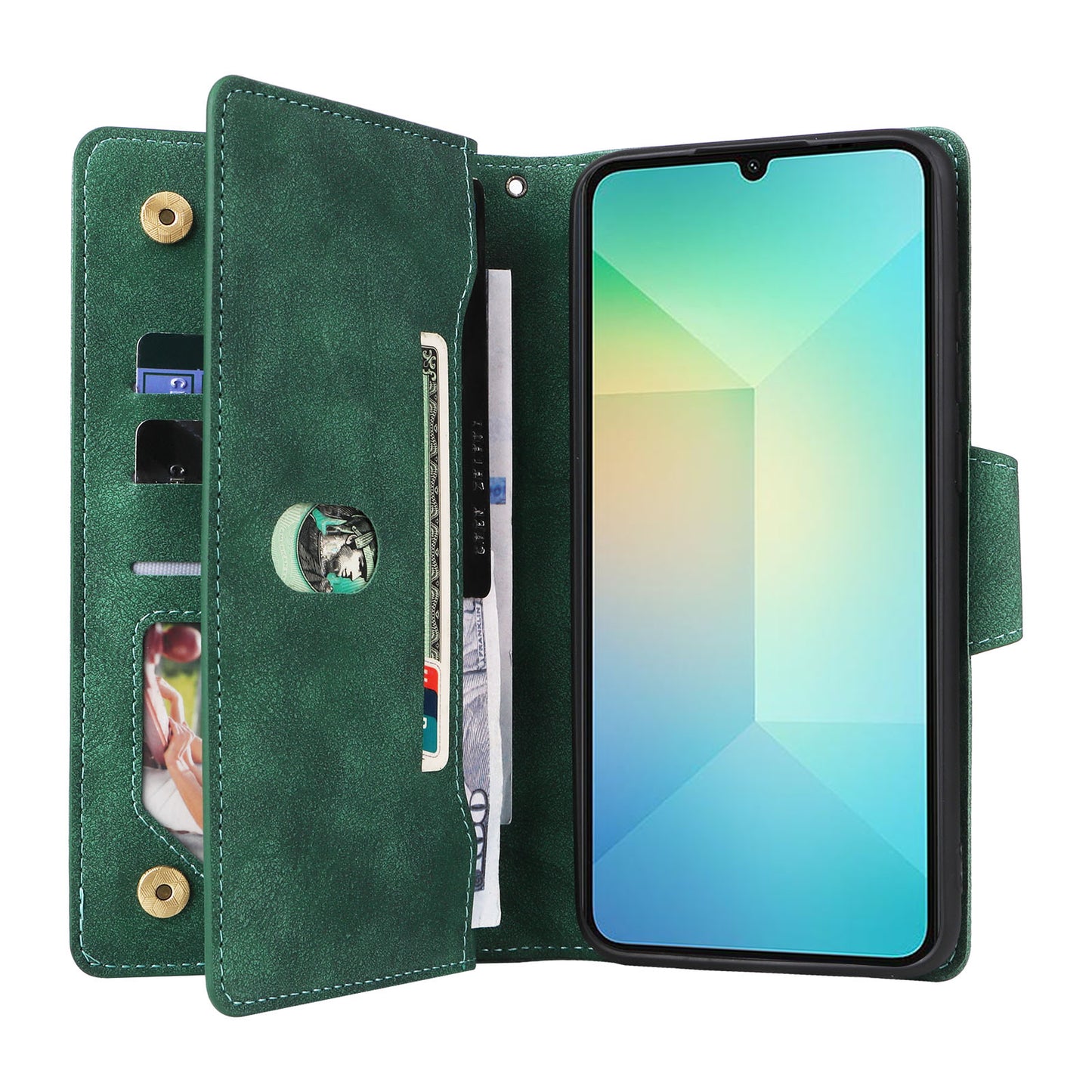 For Samsung Galaxy A06 Case Zipper Wallet Leather Stand Phone Cover Rivet Decor - Green
