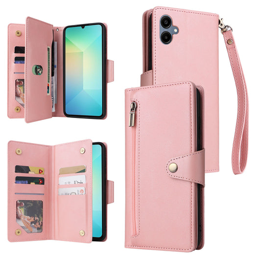 For Samsung Galaxy A06 Case Zipper Wallet Leather Stand Phone Cover Rivet Decor - Rose Gold