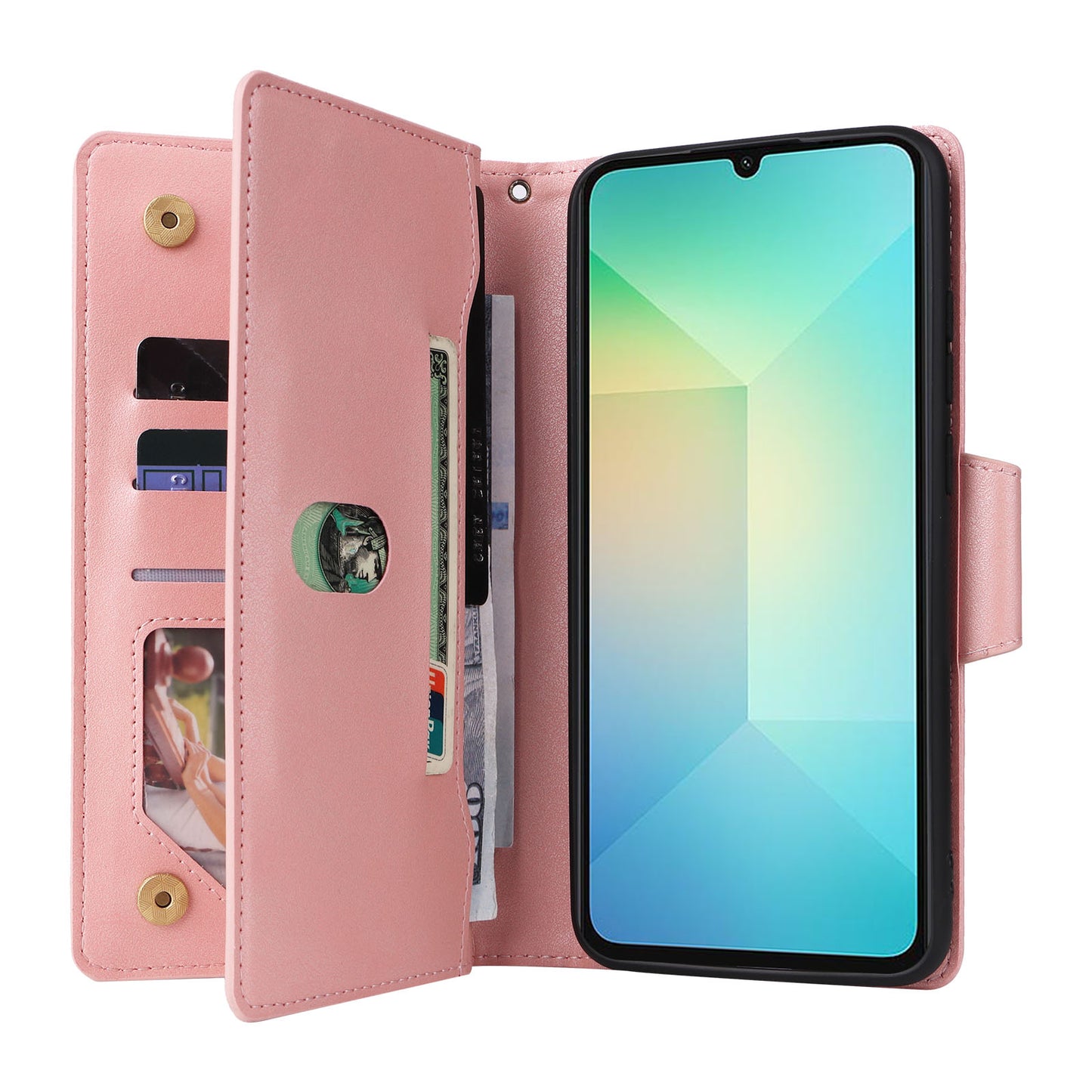 For Samsung Galaxy A06 Case Zipper Wallet Leather Stand Phone Cover Rivet Decor - Rose Gold