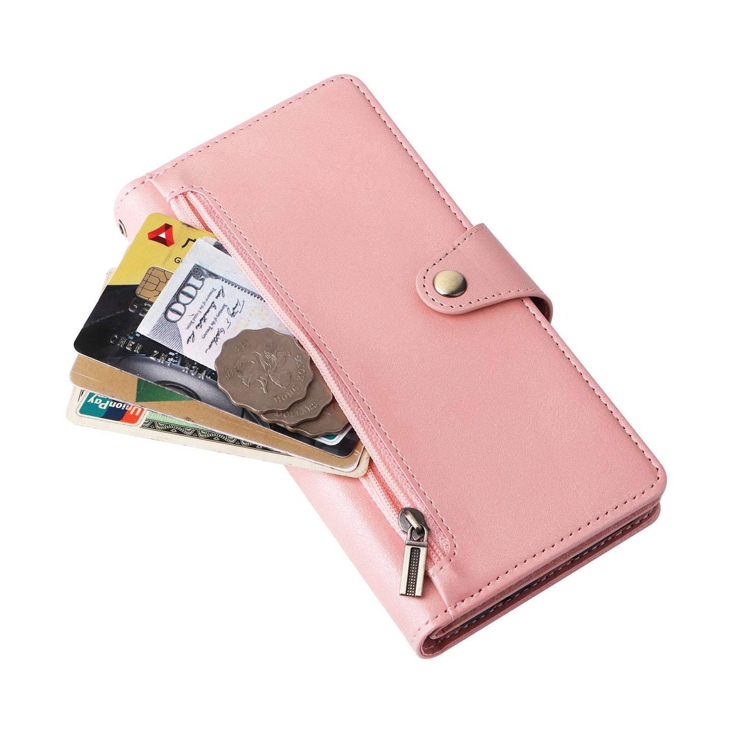 For Samsung Galaxy A06 Case Zipper Wallet Leather Stand Phone Cover Rivet Decor - Rose Gold