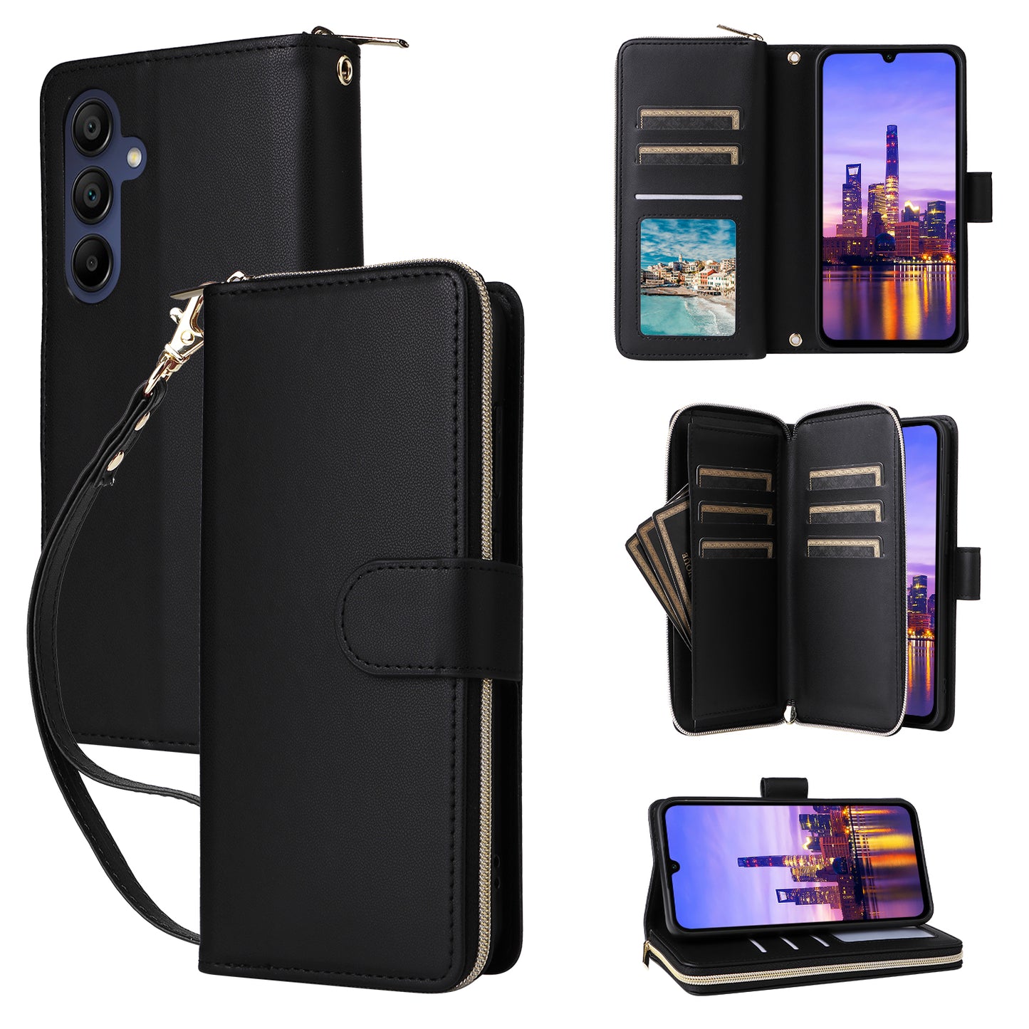 R20 For Samsung Galaxy A16 5G / A16 4G Case Zipper Pocket PU Leather Cover with 9 Card Slots - Black